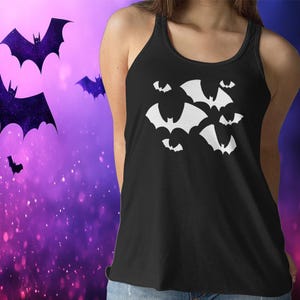 Black Bats Tank Top Women's Halloween Goth Women's Racerback Tank with Flying Bat Print, Spooky Season Apparel
