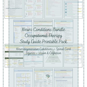 May include: A printable study guide pack for occupational therapy students. The pack includes information on neurodegenerative conditions, spinal cord injuries, vision and cognition. The guide features a variety of charts, diagrams, and tables.
