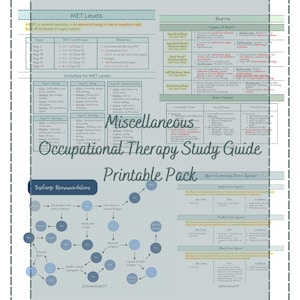 Op de afbeelding: Een printbare studiegids voor ergotherapie met informatie over MET-niveaus, brandwonden en ontslagadviezen. De gids bevat een stroomschema met blauwe cirkels en pijlen, een tabel met informatie over brandwondtypen en een tabel met informatie over verwondingen aan de zenuwen van de bovenste ledematen.