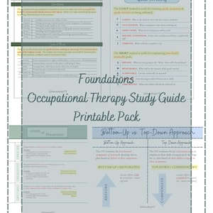 May include: A printable study guide for occupational therapy students. The guide includes information on the code of ethics, core values, goal writing, levels of prevention, and bottom-up vs. top-down approaches.