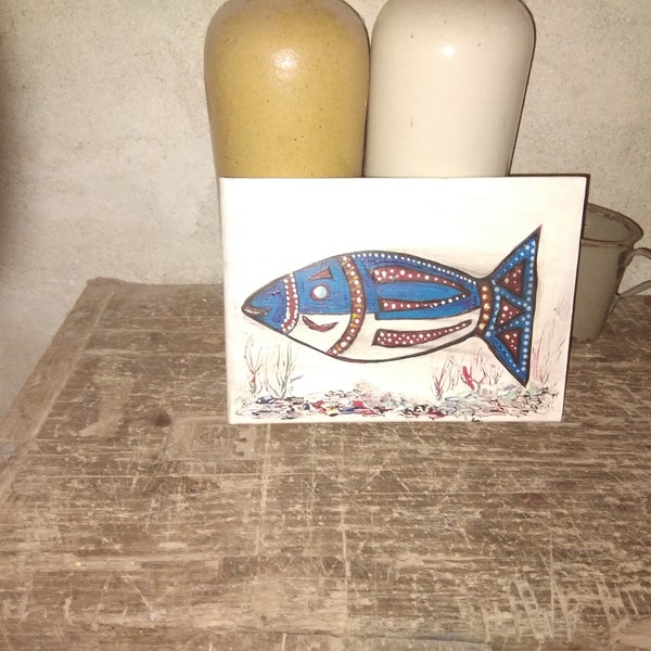 Fish painting acrylic on upcycled wood. Peinture de poisson acrylique sur bois recyclé.