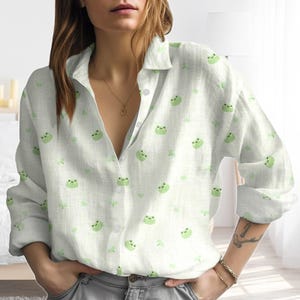 Cute Frog Blouse Shirt, Cartoon Frog Casual Shirt, Cute Frog Women Blouses, Spring Picnic Shirt For Her