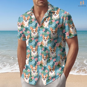 Corgi Dog Button Shirt, Corgi Floral Shirt For Men And Women, Funny Corgi Summer Shirt For Him, Dog Lover Shirt, Animal Beach Shirt