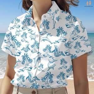 Camisa com botões e estampa de golfinhos no oceano, camisa com golfinhos no coco para homens, camisa feminina com estampa de amor pela praia, camisa para amantes de animais marinhos, camisa com estampa de oceano no Havaí
