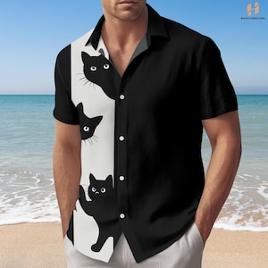 Black Cat Button Shirt, Funny Black Cat Shirt Men, Funny Cat Lover Shirt For Him, Animal Lover Button Up Shirt, Pet Love Shirt Women