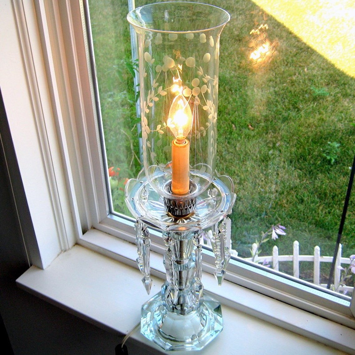Vintage Crystal Hurricane Lamps with Floral Etched Shades Set Etsy