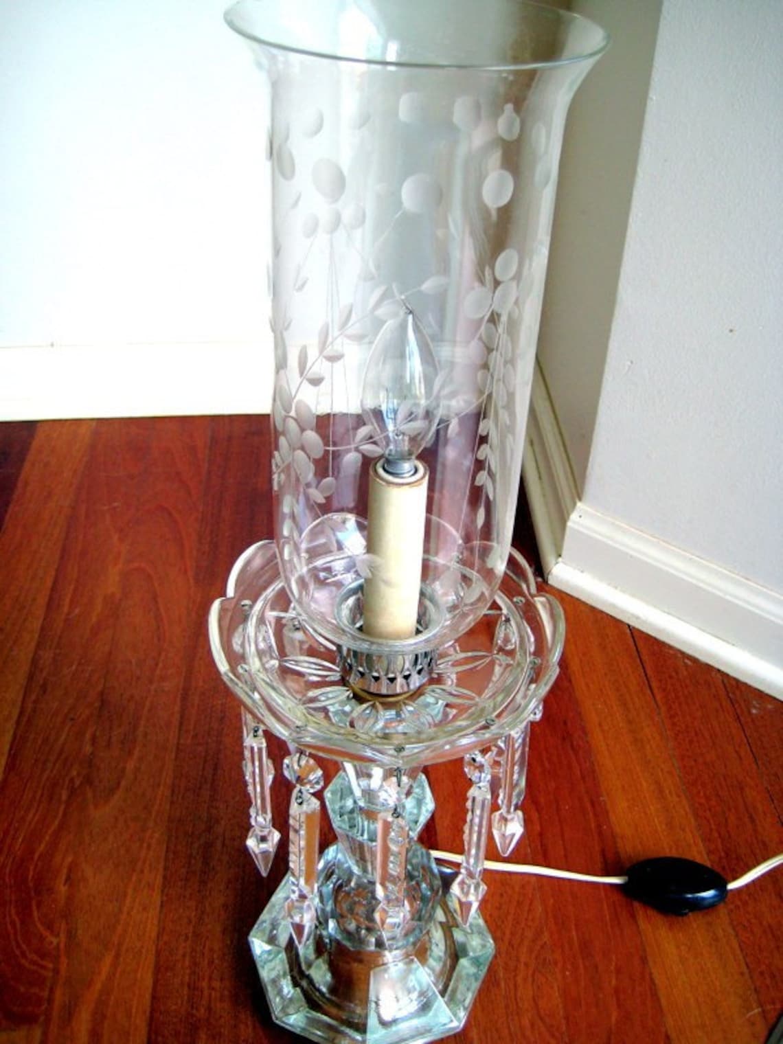 Vintage Crystal Hurricane Lamps with Floral Etched Shades Set Etsy