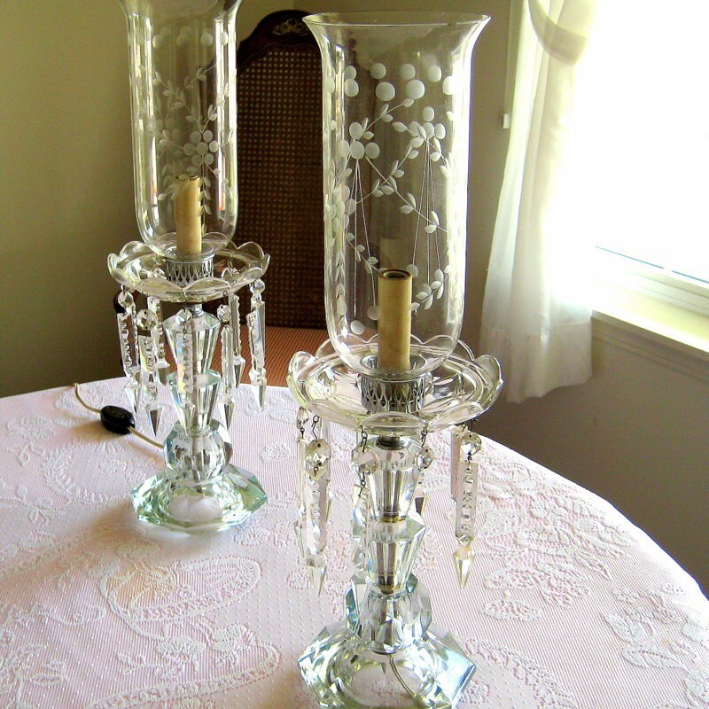 Vintage Crystal Hurricane Lamps with Floral Etched Shades Set Etsy
