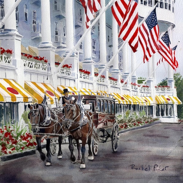 Mackinac Island Michigan Draft Horse The Grand Hotel art Print watercolor painting  Landscape  Large Big Huge Canvas Custom