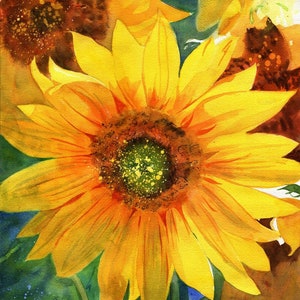 Print Floral Sunflowers of a watercolor Painting Big Large Huge yellow Gift Decor Garden Gardening realistic