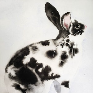 Print of a Black and White  Mini Rex Bunny Rabbit Watercolor Painting with Option for custom hand painting Pillow Tote Mug