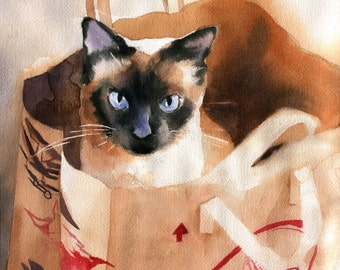 Traditional applehead Siamese cat art Seal Chocolate Point Print of my watercolor painting Huge Large Big Custom Hand Painted