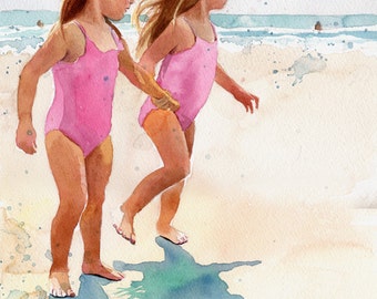 Girl art Child Children Girl Ocean Sea Beach Landscape art Print of my Watercolor Painting