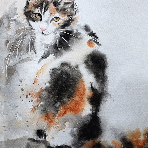 Print of a Calico Long Hair Cat Watercolor Painting with Option for custom hand painting  Pillow Tote Bag Mug
