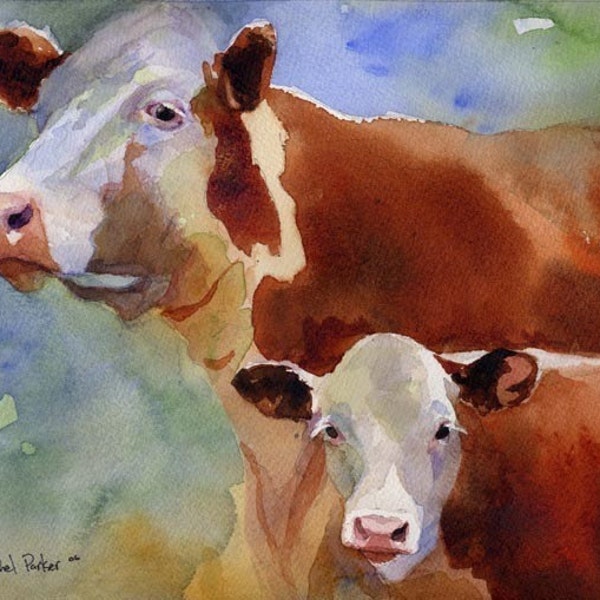 Hereford cow art Print of my watercolor painting farm realistic colorful huge big large brown custom hand painted handmade