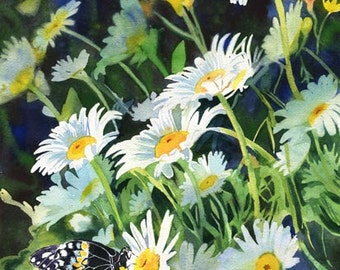 Schmetterling Kunst Blume Gänseblümchen Gänseblümchen Druck oder Giclée Blumen Kunst Aquarell