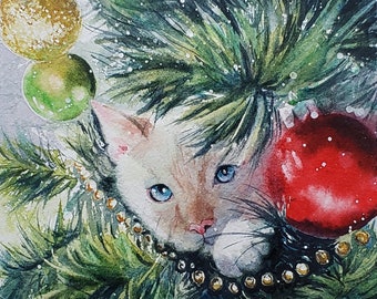 Print of a Flame Point Siamese Cat in a Christmas Tree Watercolor Painting with Option for custom hand painting