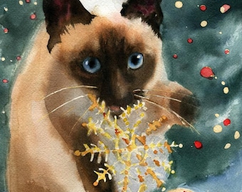 Weihnachten SiamKatze Kunstdruck eines Aquarells Groß Mädchen Teenager Katzenliebhaber Einzigartiges Geschenk