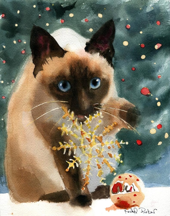 Christmas Siamese cat Art Print of a watercolor Painting Big Large Huge Girls Teens Cat  Lover Unique Gift