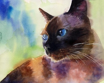 Traditional Applehead Siamese cat art Print of my watercolor painting  Seal Point Chocolate Large Big Huge