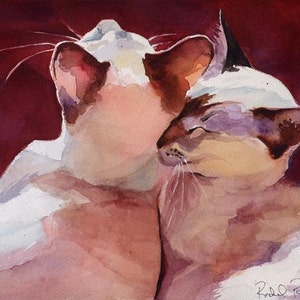 Lilac Siamese Cat Art Oriental Lynx Tabby Print of my watercolor painting   Snuggle