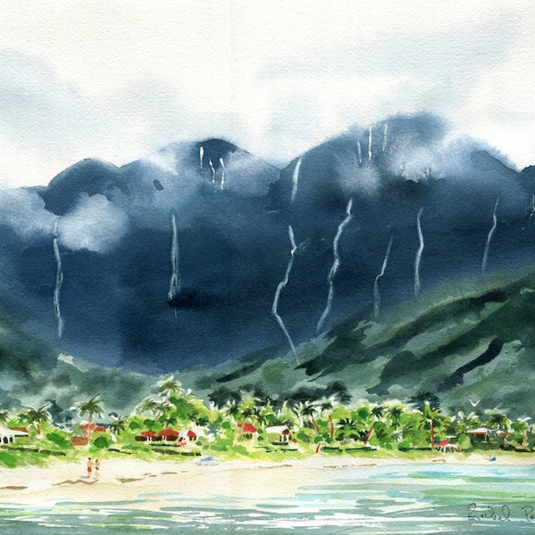 Hawaii Hanalei Bay Kauai Beach Art Watercolor Print  Painting Wedding Honeymoon Gift Huge Big