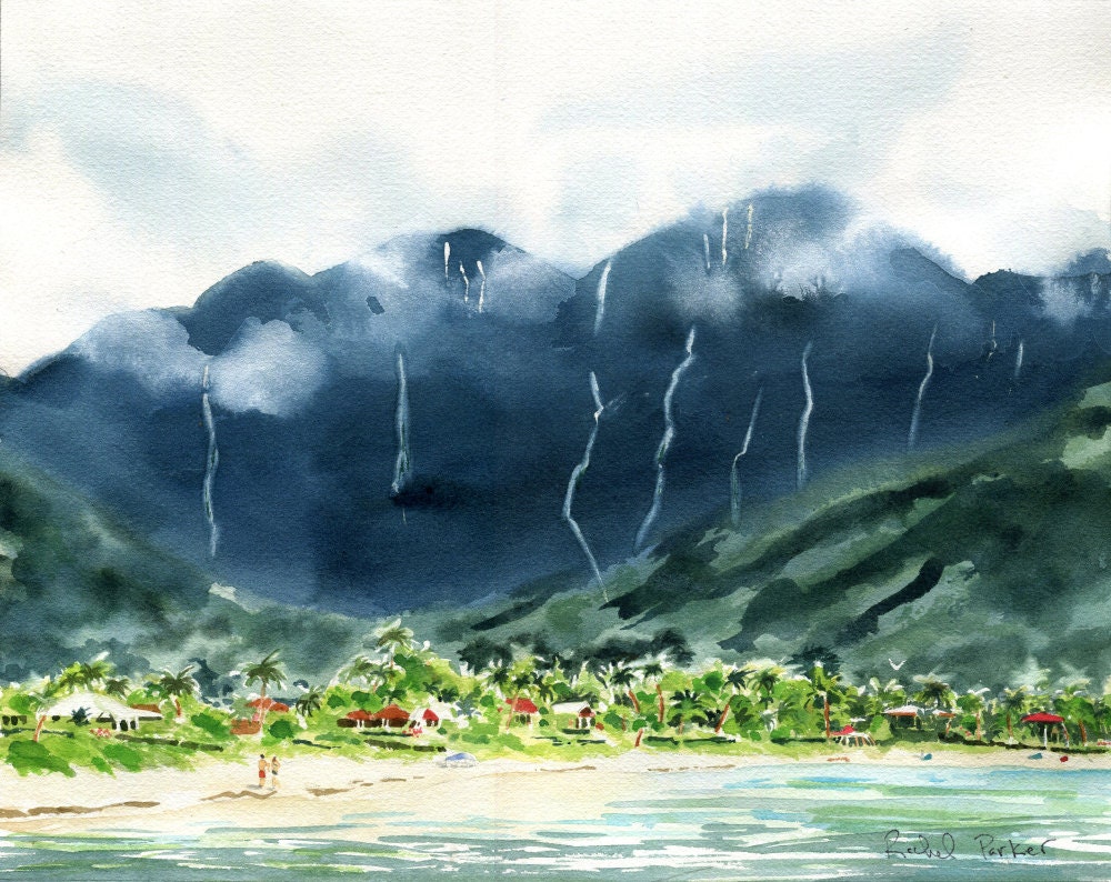 Hawaii Hanalei Bay Kauai Beach Art Watercolor Print Painting Etsy