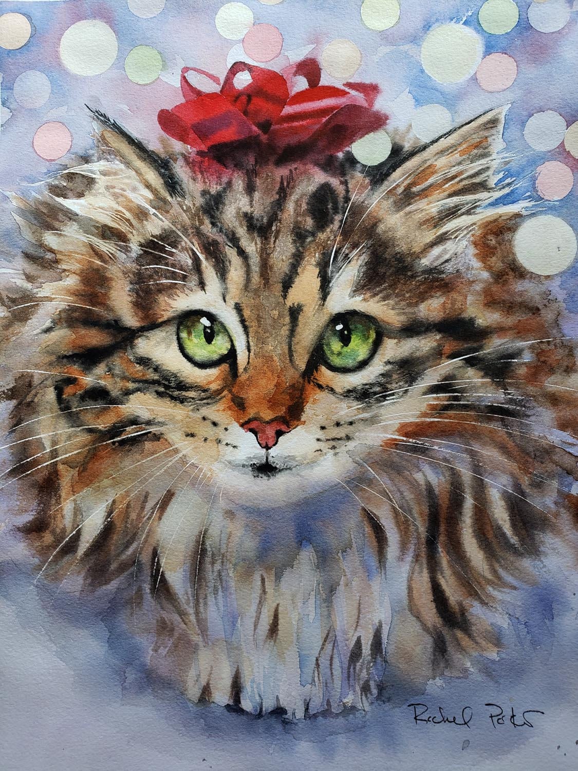 クリスマス猫の水彩画 クリスマスのメインクーン猫の水彩画チュートリアルまたはプロジェクト