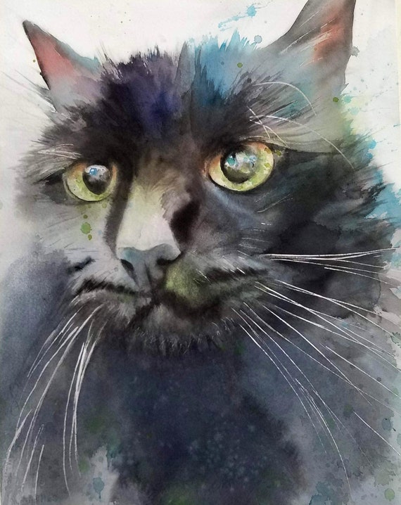 Watercolor Painting Print Wall Art Living Room Decor Wall Decor Art Print Cat Lover Gift Black Cat Bedroom Art Maine Coon Black Cat Print