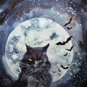 Black Cat with Moon and Bats Halloween Watercolor Painting Tutorial  or Project