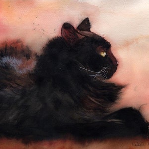 Black Cat art Print of my Original Watercolor Painting Unique Cat Lover Gift Black Salmon Orange Decor Reproduction Large Huge Big Girl
