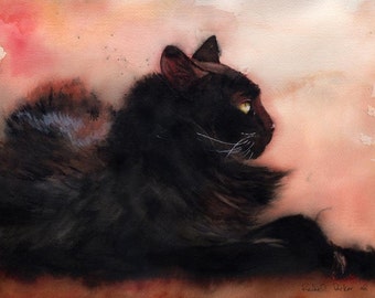 May include: Watercolour painting of a black cat lying down and looking to the right. The cat has a soft, fluffy coat and a long tail. The background is a soft pink and orange.