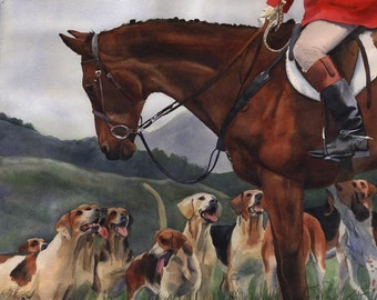 Foxhunt Art PRINT Hunt Horse Hounds signiertes Aquarell Giclée handbemalt große große benutzerdefinierte Vollblut-Fuchsjagd