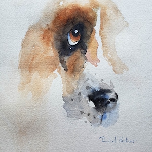 May include: Watercolor painting of a dog's face, with a focus on the eye. The dog has brown and white fur, and the painting is done in a soft, muted style. The artist's signature, "Rachel Parker", is in the bottom right corner.