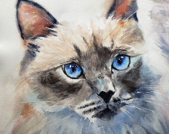 Art Print of a Ragdoll  Cat  Watercolor Painting