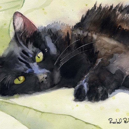 Black Cat Art Painting PRINT Watercolor Rachel Parker rachelsstudio Artist Artwork Huge Large Big Girls Teens Gift Girl Teen