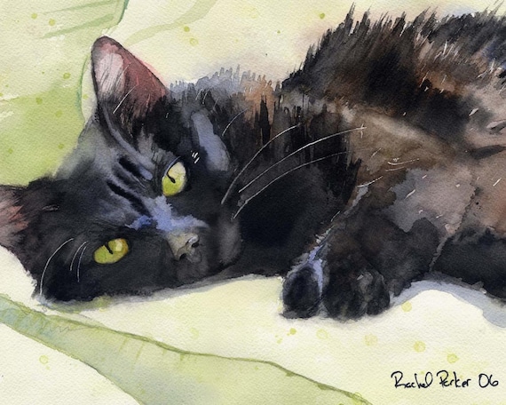 Black Cat Art Painting Print Watercolor Rachel Parker | Etsy