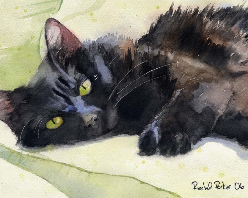 Black Cat Art Painting PRINT Watercolor Rachel Parker Rachelsstudio ...