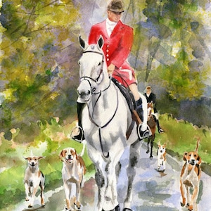 Horse Foxhunt Art Rain Thoroughbred Warmblood Hounds hunting  PRINT large big huge canvas hand painted