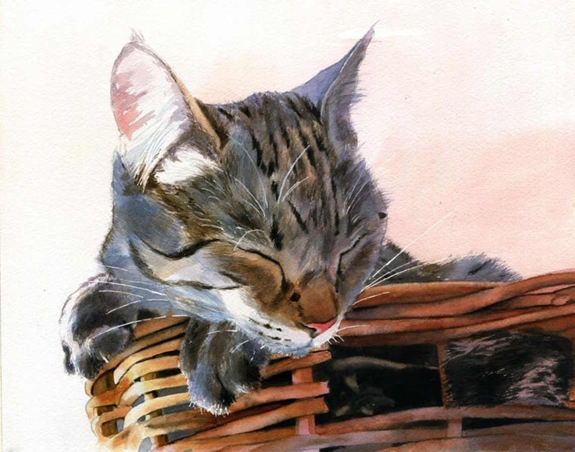 Brown Gray Tabby Cat Art Print of My Watercolor Painting Basket Case ...