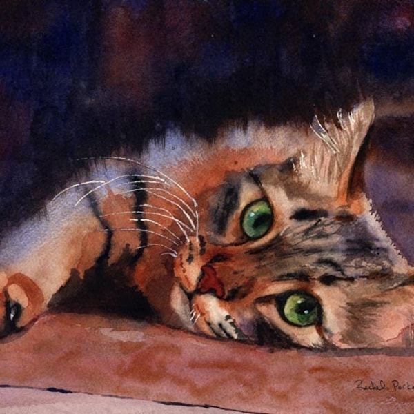 Tabby Cat Art Print of my Watercolor Painting .Floored II. large huge custom canvas digital big