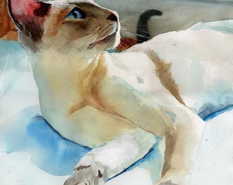 Siamese Cat Art Print of my watercolor painting   Siamese in Peacock Shadows Huge Big Large Custom