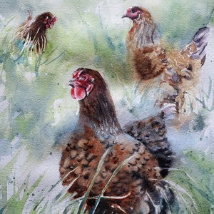 Chicken art Print of a watercolor Painting Big Large Huge Girls Teens Lover Unique Gift Three Chickens Farm