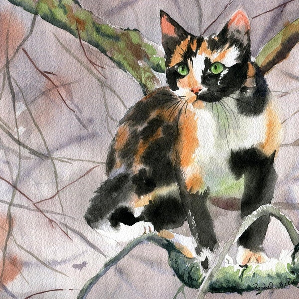 Calico Cat  Art Print of a Watercolor Handmade Painting large big huge black orange reproduction hand painted custom canvas