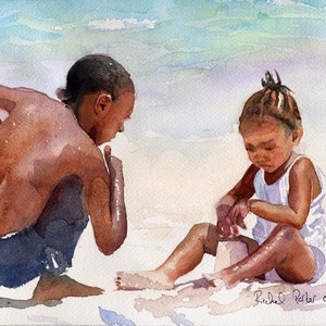 Black Child Children Boy Girl Beach art Print of my Watercolor Painting Sandcastle