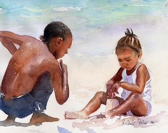 Black Child Children Boy Girl Beach art Print of my Watercolor Painting Sandcastle