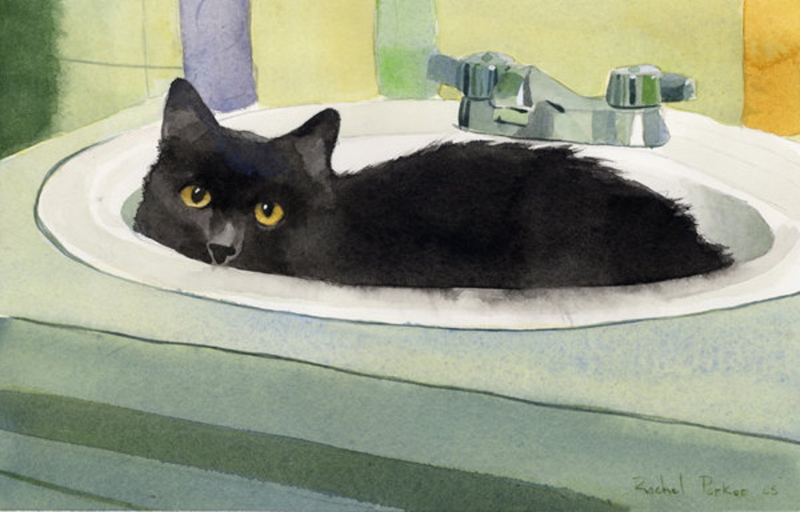 Funny Black Cat Art Painting PRINT Watercolor Rachel Parker ...