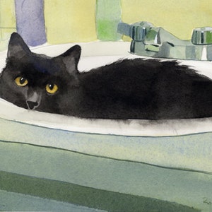 Funny Black Cat Art Painting PRINT Watercolor Rachel Parker rachelsstudio Artist Artwork Longhair Long Hair sink huge large big gift