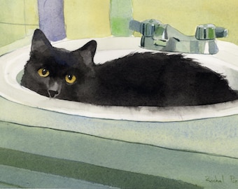 May include: Watercolor painting of a black cat with yellow eyes resting in a white bathroom sink. The sink is set against a backdrop of green and yellow walls. The faucet is silver. The cat is the focal point.