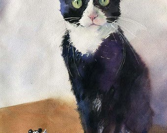 Tuxedo Cat art print Cat giclee Short Haired Cat Lover Gift Watercolor Painting Picture Decor